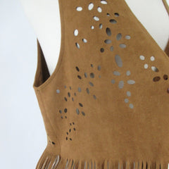 Retro Vintage Style Faux Suede Fringed Hippie Vest M