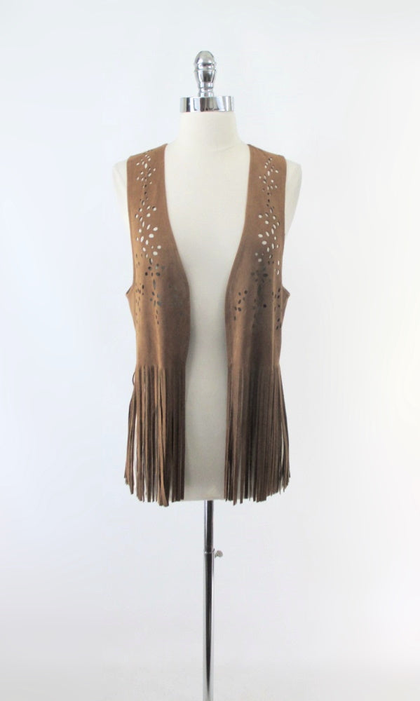 Retro Vintage Style Faux Suede Fringed Hippie Vest M