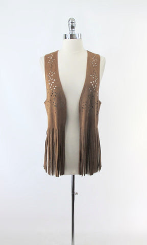 Retro Vintage Style Faux Suede Fringed Hippie Vest M