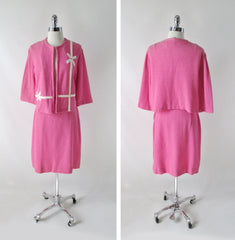Vintage 60s White Bow Pink Suit Set XL - Bombshell Bettys Vintage