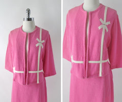Vintage 60s White Bow Pink Suit Set XL - Bombshell Bettys Vintage