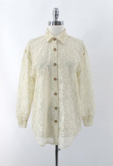 Vintage 70s Antique White Button Up Lace Blouse M
