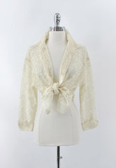 Vintage 70s Antique White Button Up Lace Blouse M