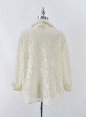 Vintage 70s Antique White Button Up Lace Blouse M