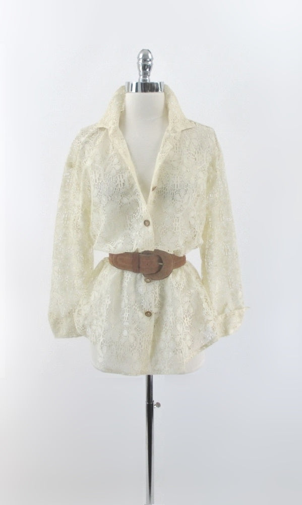 Vintage 70s Antique White Button Up Lace Blouse M