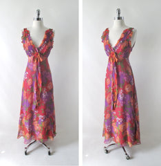 Vintage 70s Rose Garden Chiffon Maxi Party Dress XS - Bombshell Bettys Vintage