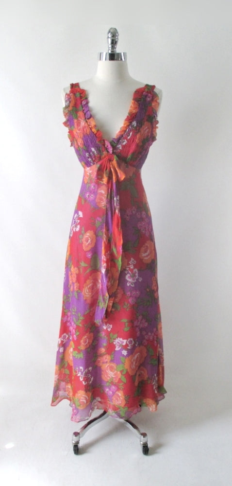 Vintage 70s Rose Garden Chiffon Maxi Party Dress XS - Bombshell Bettys Vintage