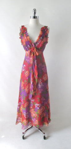 Vintage 70s Rose Garden Chiffon Maxi Party Dress XS