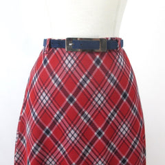 vintage 70s red plaid maxi skirt matching belt waist