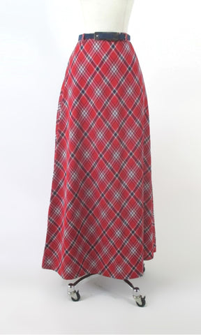 Vintage 70s Red Plaid Maxi Skirt Matching Belt Set S