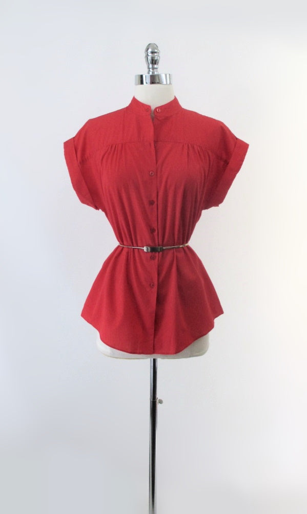 Vintage 70s 80s Half Button Red Top Blouse M