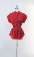 Vintage 70s 80s Half Button Red Top Blouse M