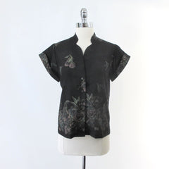 Vintage 70s Gold Floral Print Top Blouse L