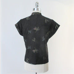 Vintage 70s Gold Floral Print Top Blouse L