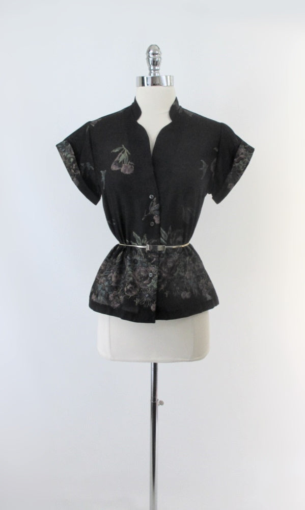 Vintage 70s Gold Floral Print Top Blouse L