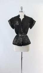 Vintage 70s Gold Floral Print Top Blouse L