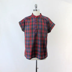 Vintage 70s 80s Half Button Plaid Top Blouse M