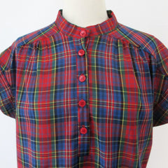 Vintage 70s 80s Half Button Plaid Top Blouse M