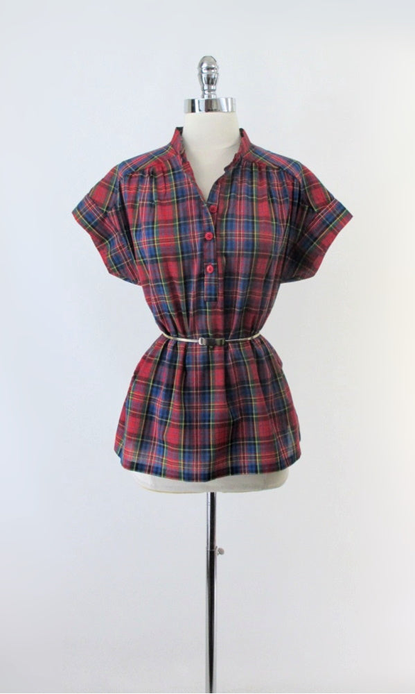 Vintage 70s 80s Half Button Plaid Top Blouse M