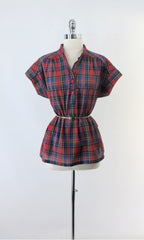 Vintage 70s 80s Half Button Plaid Top Blouse M