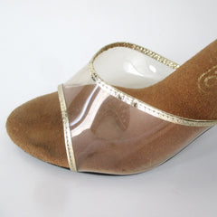 Vintage 70s Clear Lucite Gold Trim Heels Shoes 7