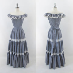 Vintage 70's Blue Gingham Ruffled Bare Shoulder Prairie Dress / Gown M