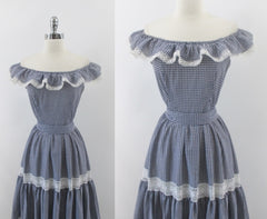 Vintage 70's Blue Gingham Ruffled Bare Shoulder Prairie Dress / Gown M