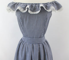 Vintage 70's Blue Gingham Ruffled Bare Shoulder Prairie Dress / Gown M