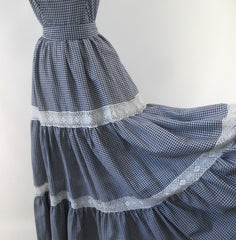 Vintage 70's Blue Gingham Ruffled Bare Shoulder Prairie Dress / Gown M