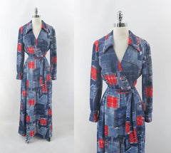 • Vintage 70s Faux Denim & Bandanna Patchwork Print Maxi Dress L