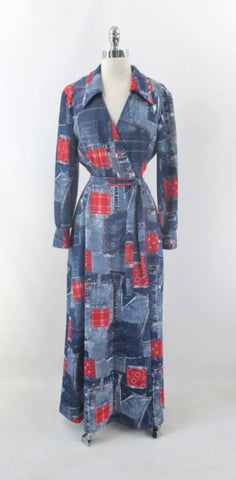 • Vintage 70s Faux Denim & Bandanna Patchwork Print Maxi Dress L