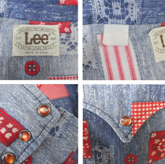 Mens Vintage 70s Lee Chambray Patchwork Pearl Snap Western Shirt L