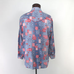 Mens Vintage 70s Lee Chambray Patchwork Pearl Snap Western Shirt L
