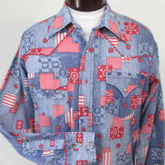 Mens Vintage 70s Lee Chambray Patchwork Pearl Snap Western Shirt L