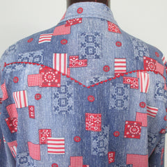 Mens Vintage 70s Lee Chambray Patchwork Pearl Snap Western Shirt L