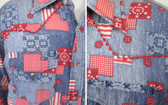 Mens Vintage 70s Lee Chambray Patchwork Pearl Snap Western Shirt L