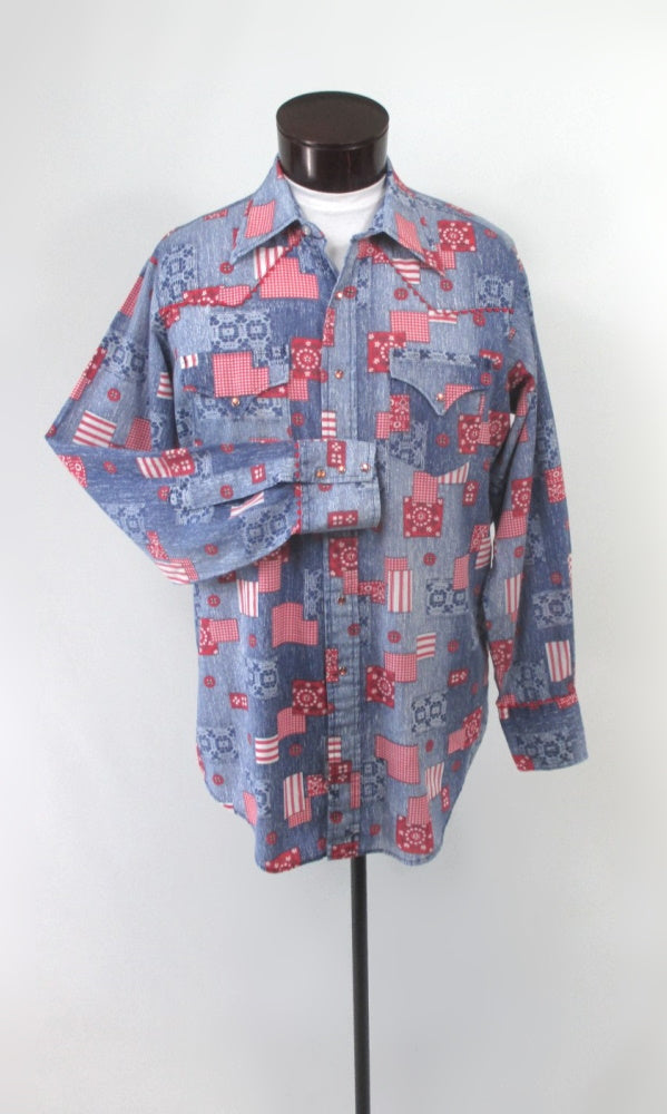 Mens Vintage 70s Lee Chambray Patchwork Pearl Snap Western Shirt L