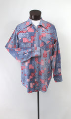 Mens Vintage 70s Lee Chambray Patchwork Pearl Snap Western Shirt L