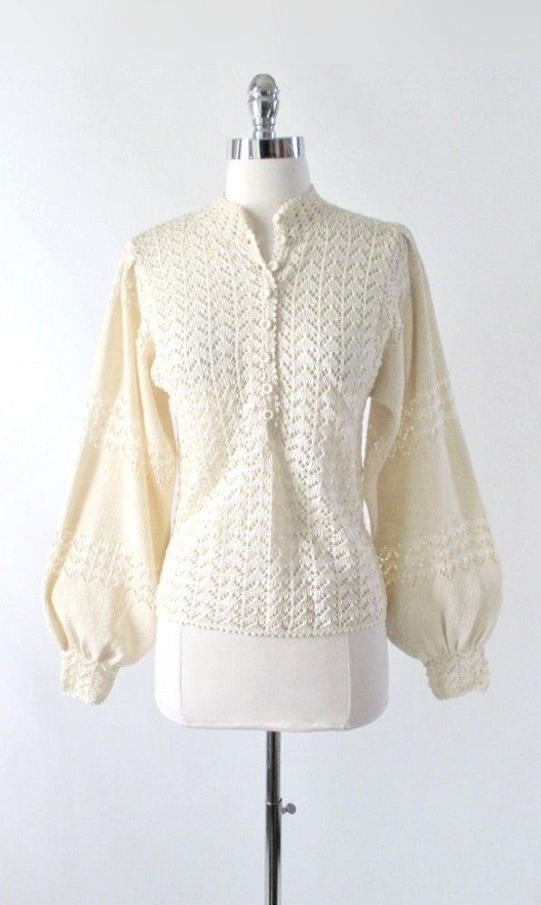 Vintage 70s Cream Chevron Knit Sweater Top S