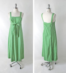 Vintage 70s Green White Polka Dot Wrap Maxi Dress XS - Bombshell Bettys Vintage