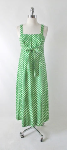Vintage 70s Green White Polka Dot Wrap Maxi Dress XS