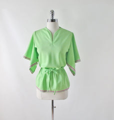 Vintage 70s Green Rainbow Trim Angel Sleeve Belted Top M - Bombshell Bettys Vintage