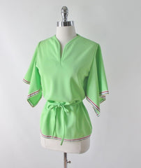 Vintage 70s Green Rainbow Trim Angel Sleeve Belted Top M - Bombshell Bettys Vintage
