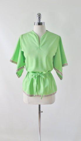 Vintage 70s Green Rainbow Trim Angel Sleeve Belted Top M