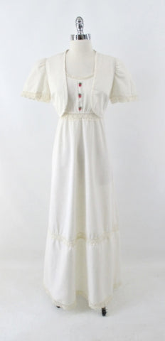 Vintage 70s Antique White Crochet Lace Prairie Dress & Matching Bolero M