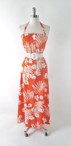 • Vintage 70s Orange Hawaiian Maxi Dress XS