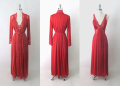 Vintage 70s Red Olga Bodysilk Nightgown & Robe Set M