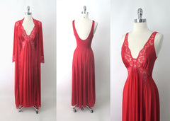 Vintage 70s Red Olga Bodysilk Nightgown & Robe Set M