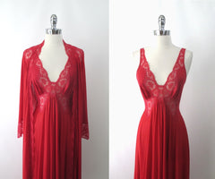 Vintage 70s Red Olga Bodysilk Nightgown & Robe Set M