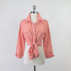 Vintage 70s Women's Red White Gingham Plaid Western Shirt S
